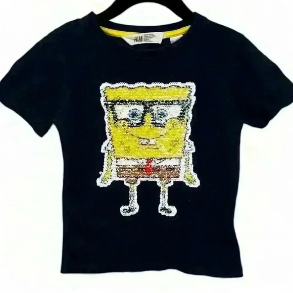 H&M Kids SpongeBob Sequin T-Shirt Blue Size 3-4 yrs old Short Sleeve Crew Neck - Picture 3 of 6